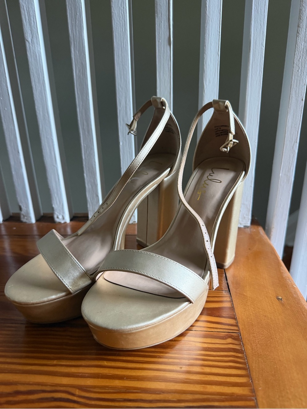 Lulus Neutral Beige & Gold Platform Block Heel Sandals with Ankle Strap - Size 9